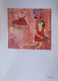 a watercolor painting of a woman and a dog